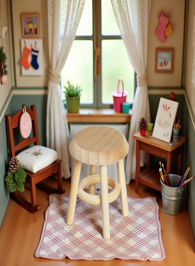 Jizlan Wood Stool Lightweight Mini DIY 1:12 Miniature Dollhouse Stool for Living, Dollhouse Accessories - Image 3